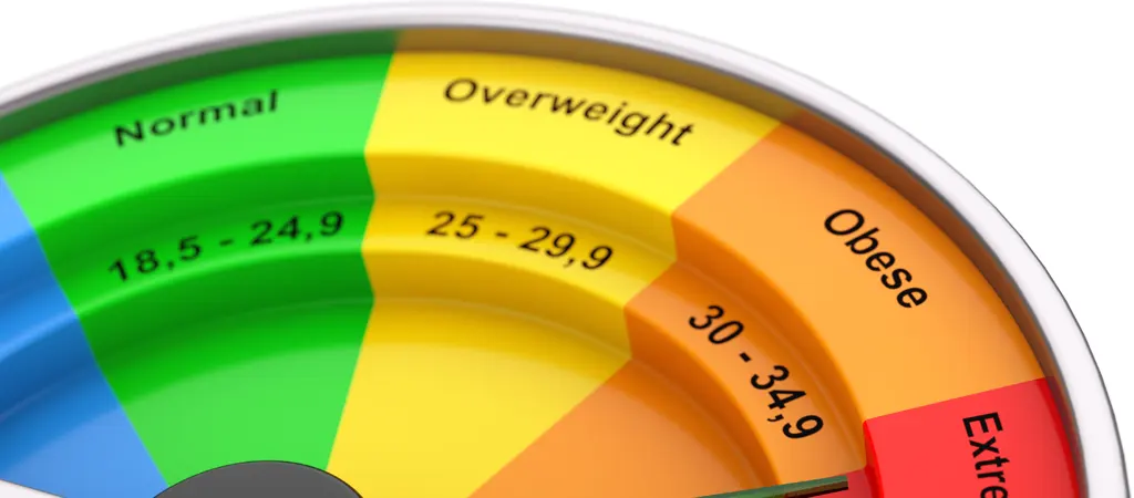 Színes BMI index mérőóra, amely a testsúly kategóriáit mutatja, beleértve a normál, túlsúlyos és elhízott értékeket.