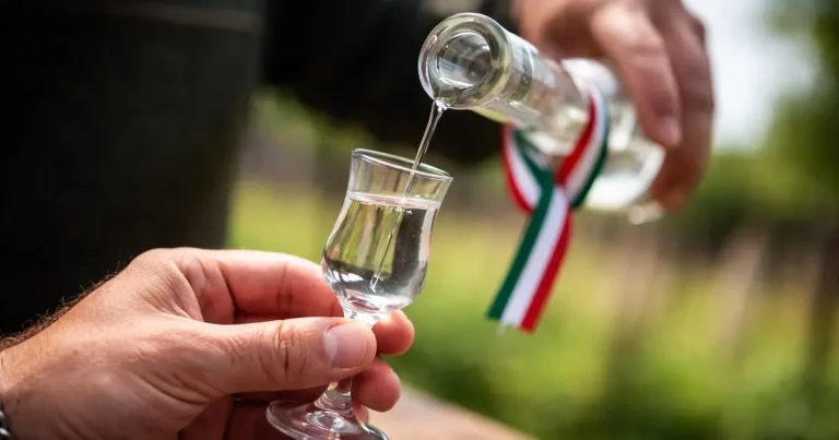 kézben tartott kupica pálinka töltés közben, mely illusztrálja, hogy 1 pálinka mennyi idő alatt megy ki a szervezetből