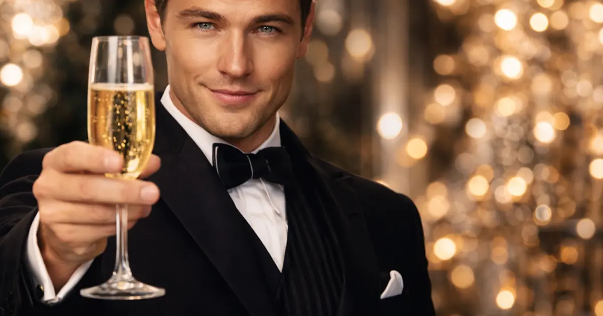 Elegáns férfi pezsgőspohárral koccint ünnepi környezetben, a pezsgő alkoholtartalmának és lebontásának témájához kapcsolódó illusztráció