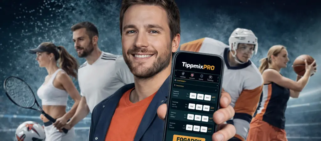 TippmixPRO alkalmazást mutató férfi, mögötte focista, hokis és kosárlabdázó, tippmix hosszabbítás beleszámít témájú cikkhez kapcsolódó illusztráció