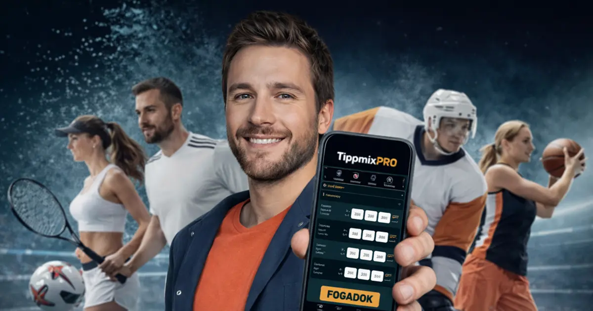 Férfi sportfogadó mobiltelefonon mutatja a TippmixPRO alkalmazást, háttérben különböző sportágak játékosai, a tippmix hosszabbítás beleszámít téma illusztrációja